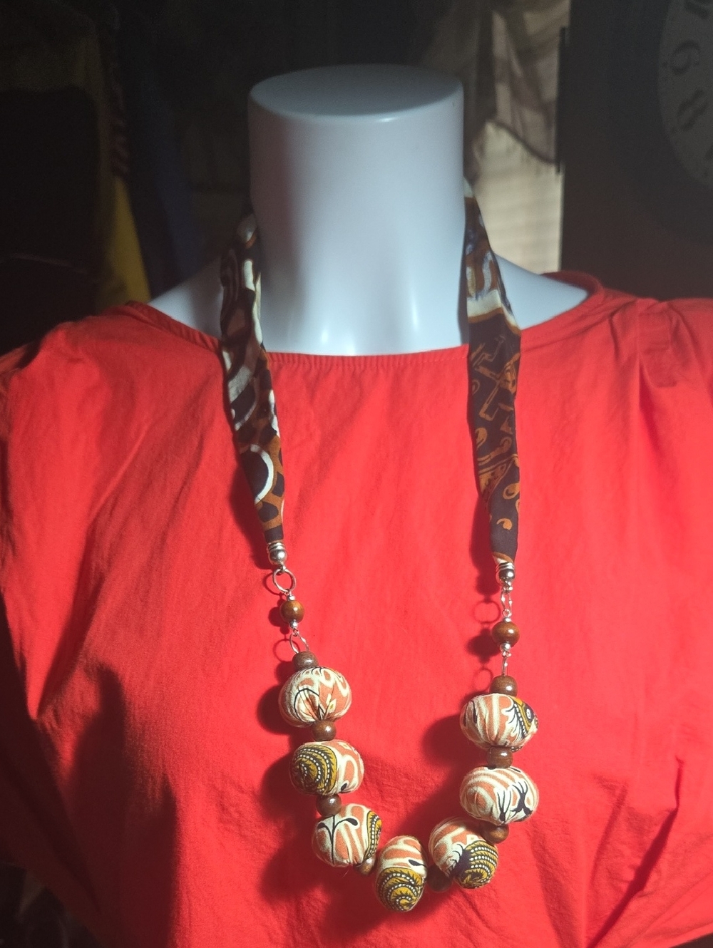 Brown & Cream Fabric Bead Necklace with Patterned Ribbon